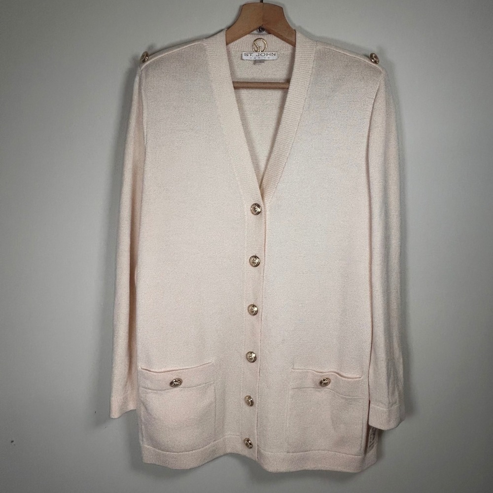 Vintage 90's St John Santana Knit Cardigan Gold Crest Buttons‎ Womens M NEW USA